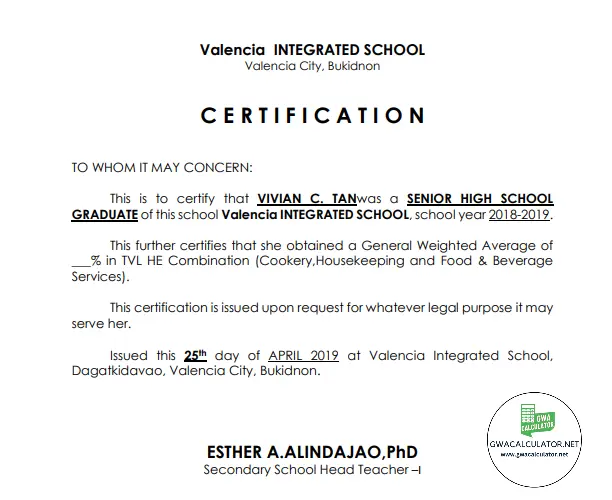 Certificate Of GWA - GWA Certificate Samples Philippines