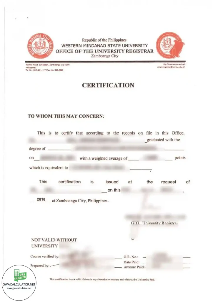 Western Mindanao State University Certification GWA