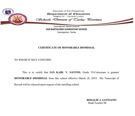 certificate of honorable dismissal sample